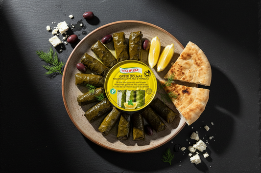 Palirria Greek Dolmas tin with dolmades on dark slate mezze spread with feta, olives and pita