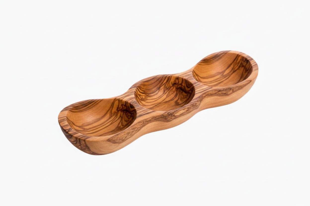Olive Wood Three-Section Serving Bowl — Handcrafted Greek Olivewood, Rustic Finish