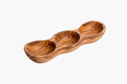 Olive Wood Three-Section Serving Bowl — Handcrafted Greek Olivewood, Rustic Finish