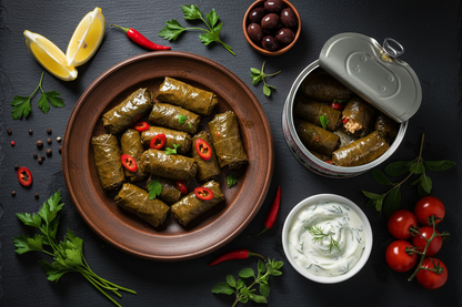 Palirria Sweet & Spicy dolmades on dark slate mezze spread with olives, tzatziki and lemon