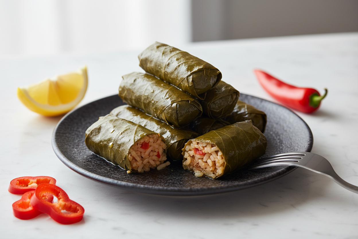 Close-up of Palirria hand-rolled stuffed grape leaves with cherry peppers and lemon on marble