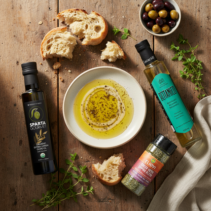Overhead view of Mediterranean dipping spread with Sparta Gourmet Organic olive oil, Botanico White Balsamic, and Eliovi herb blend, crusty bread, oregano, thyme, and linen napkin on rustic wood