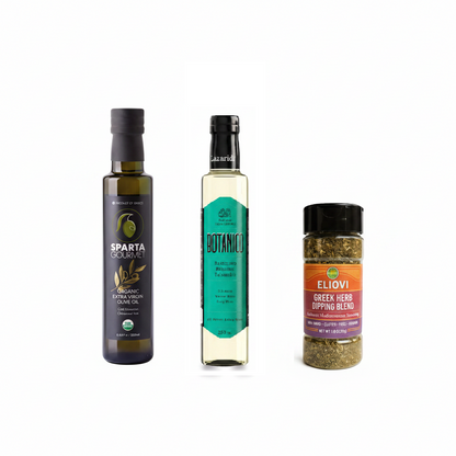 Sparta Gourmet Organic EVOO 250ml, Botanico White Balsamic, and Eliovi Greek Herb Dipping Blend — Mediterranean Dipping Essentials set on white background