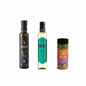 Sparta Gourmet Organic EVOO 250ml, Botanico White Balsamic, and Eliovi Greek Herb Dipping Blend — Mediterranean Dipping Essentials set on white background