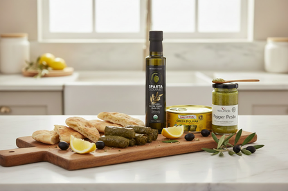 Sparta Gourmet EVOO, Palirria dolmades tin, and Naoumidis pepper pesto arranged on a wooden mezze board with pita bread, lemon, and olive branch

