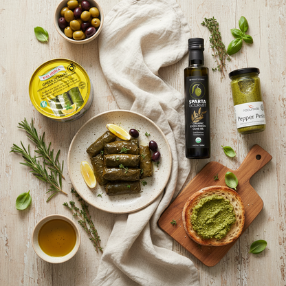 Overhead view of Mediterranean mezze spread featuring Sparta Gourmet olive oil, Palirria Greek dolmades, and Naoumidis Florina pepper pesto with stuffed grape leaves and fresh herbs