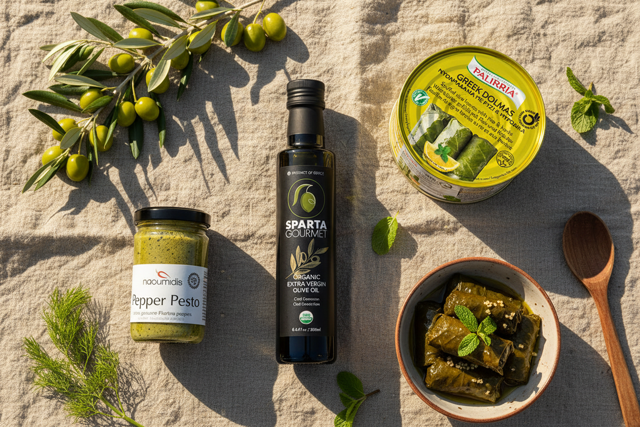 Mediterranean Pantry Starter Set with Sparta Gourmet olive oil, Palirria dolmades, and Naoumidis pepper pesto on rustic linen with fresh herbs and olive branch

