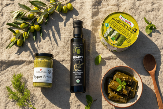 Mediterranean Pantry Starter Set with Sparta Gourmet olive oil, Palirria dolmades, and Naoumidis pepper pesto on rustic linen with fresh herbs and olive branch

