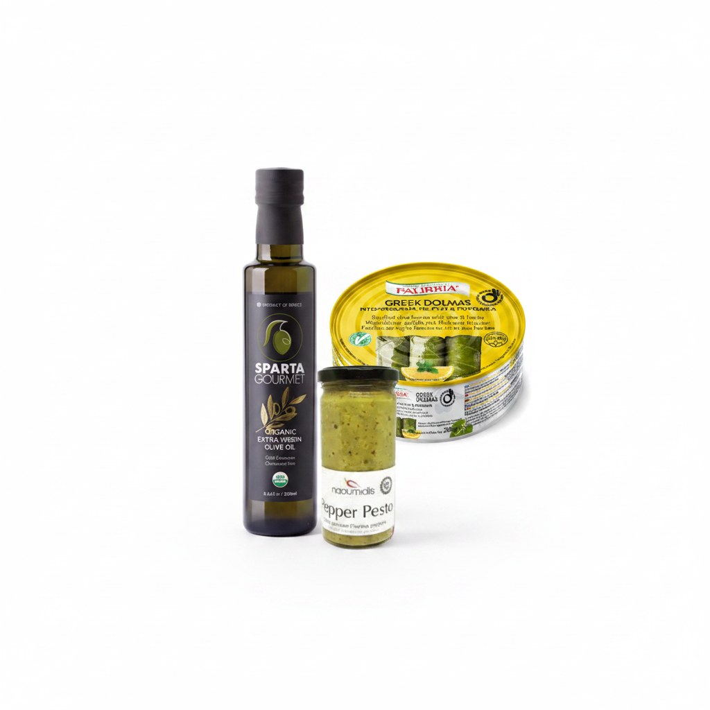 Sparta Gourmet Organic EVOO, Palirria Greek Dolmades tin, and Naoumidis Pepper Pesto jar — Mediterranean Pantry Starter Set on white background