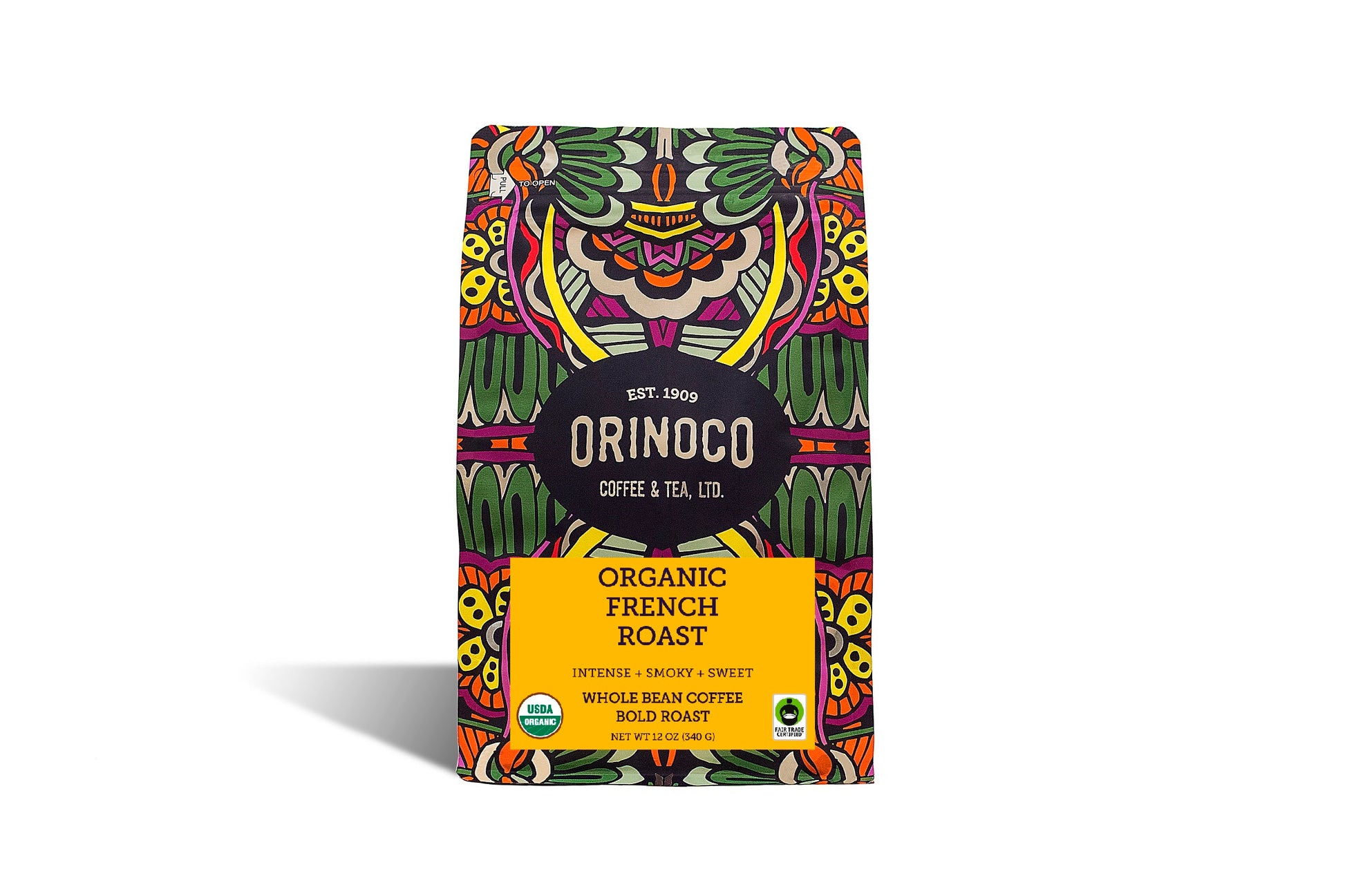 Orinoco Organic French Roast coffee bag with colorful design on a white background