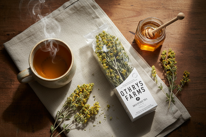 thrys Farms Greek Mountain Tea (Sideritis) wild-harvested herbal tea package — caffeine-free shepherd's tea from Mount Othrys, Greece