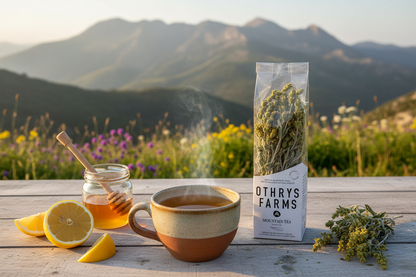 thrys Farms Greek Mountain Tea (Sideritis) wild-harvested herbal tea package — caffeine-free shepherd's tea from Mount Othrys, Greece