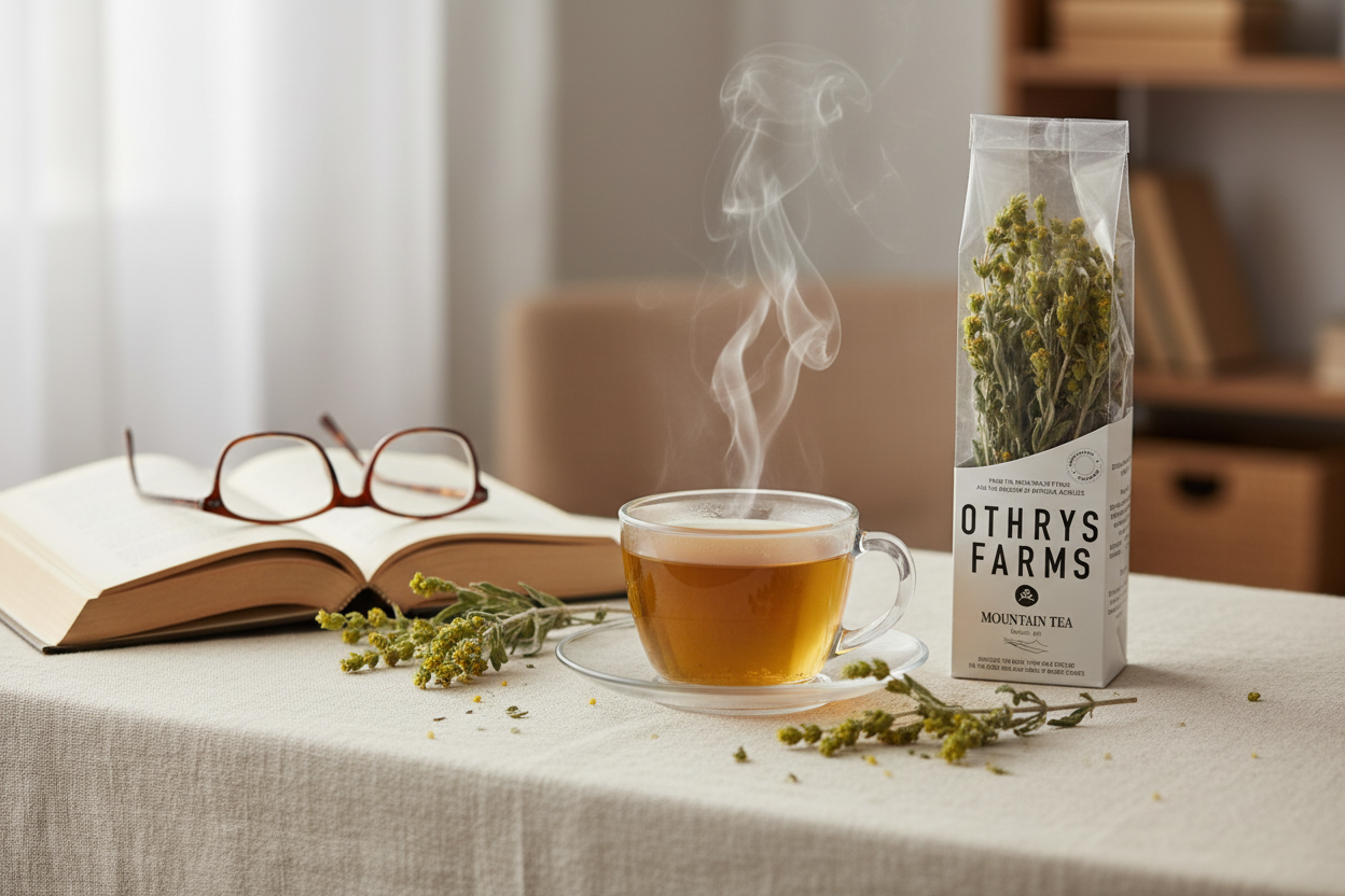 thrys Farms Greek Mountain Tea (Sideritis) wild-harvested herbal tea package — caffeine-free shepherd's tea from Mount Othrys, Greece