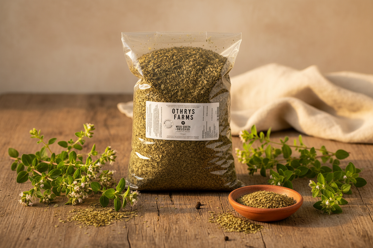 Othrys Wild Greek Oregano 1 lb bag flat lay with dried oregano, ceramic dish, and fresh branches on rustic wooden surface
