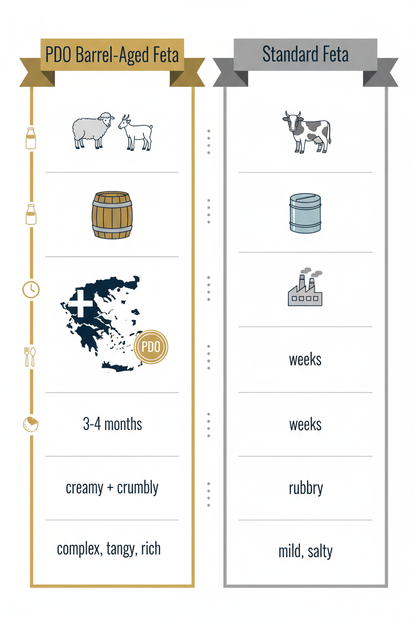 PDO Barrel-Aged Feta vs Standard Feta Infographic