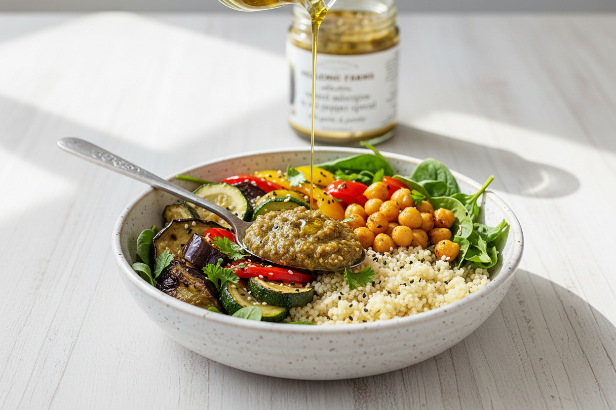 Roasted Aubergine Spread Grain Bowl spread in a healthy, vegan grain bowl - appeals to modern health-conscious customers
