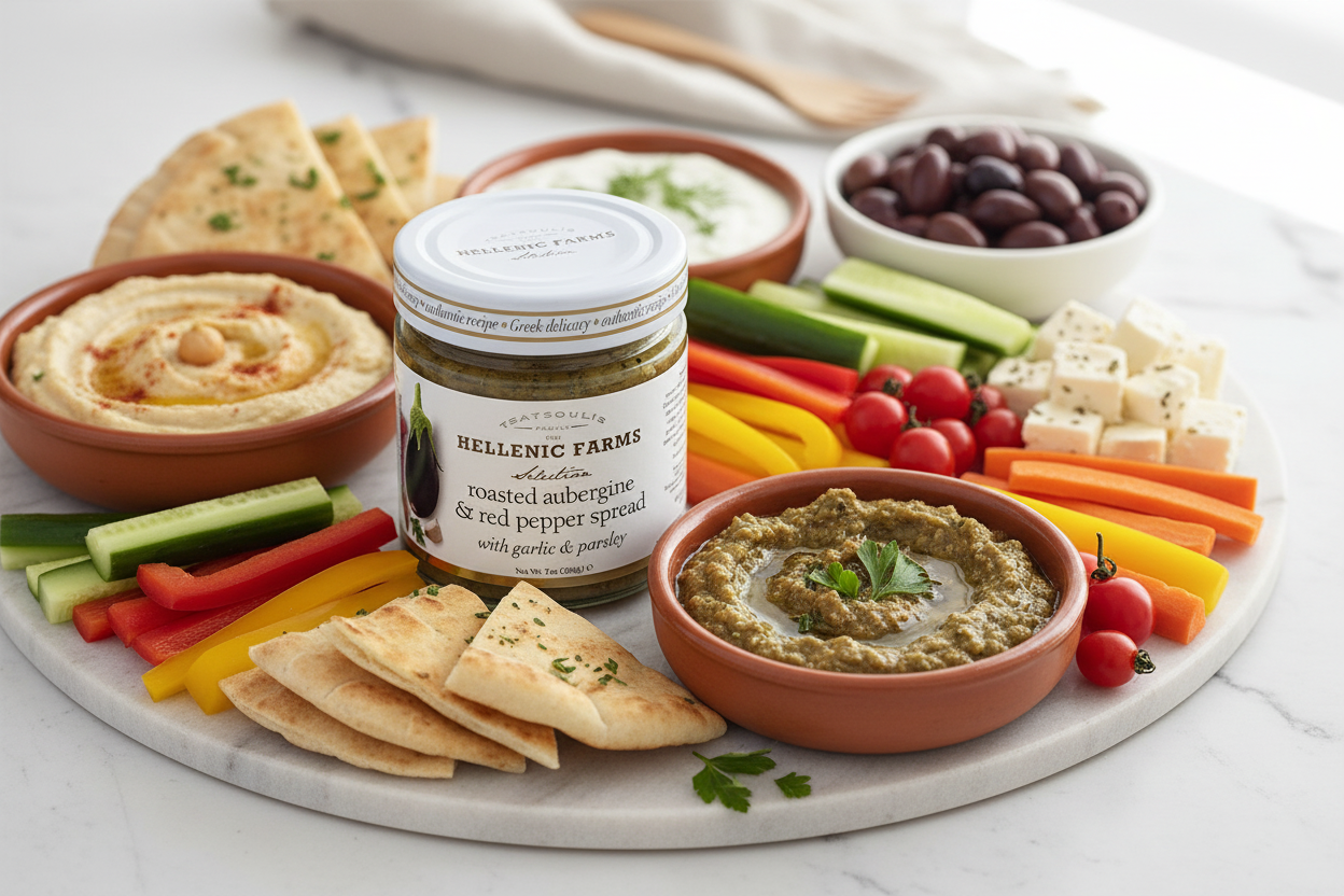 Roasted Aubergine Spread t as part of an authentic Greek mezze spread with hummus, tzatziki, and pita