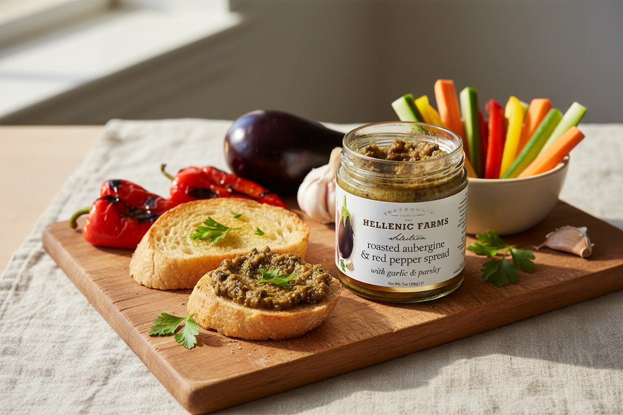 Roasted Aubergine Spreadn  on crusty bread with fresh vegetables for dipping - healthy and appetizing