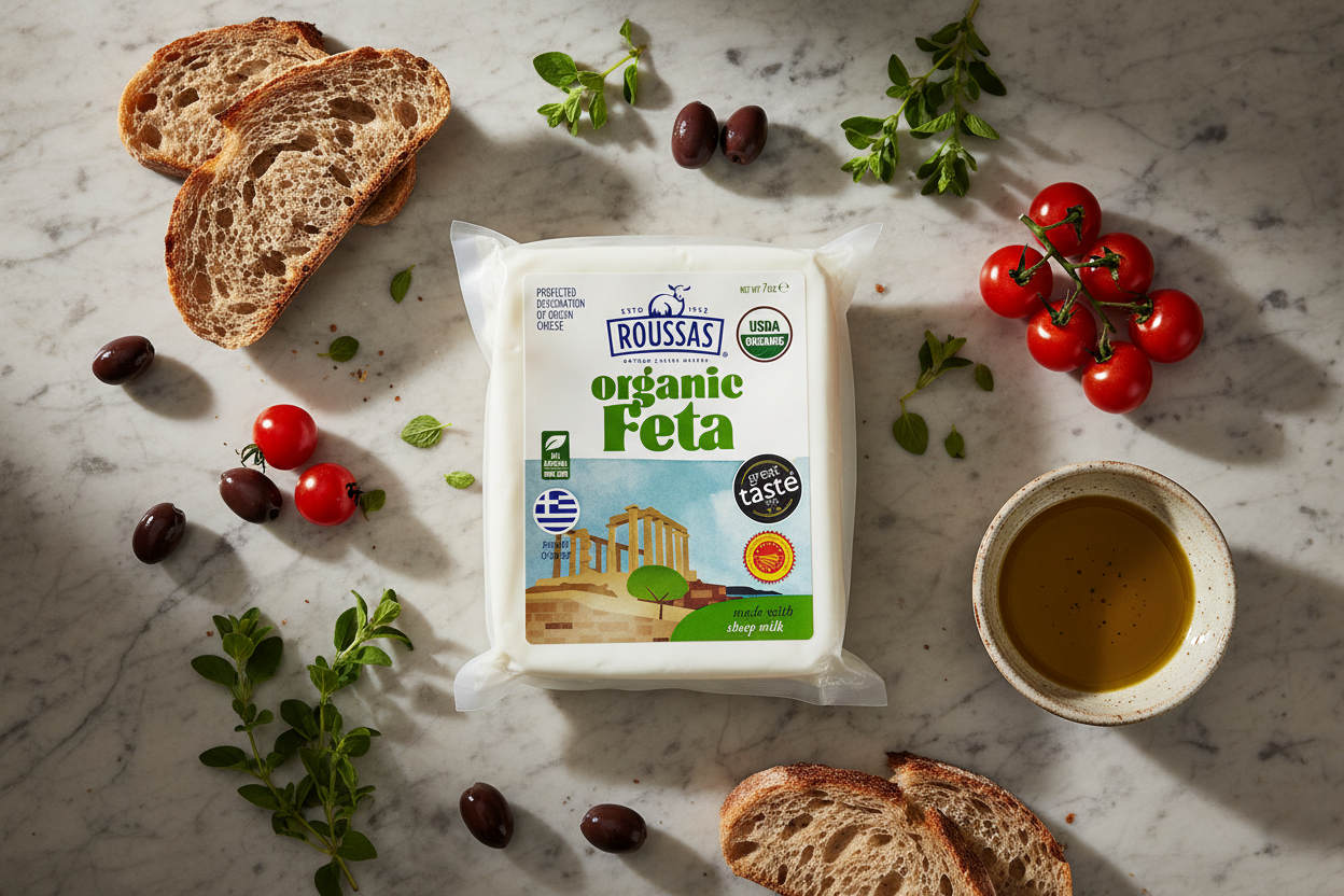 Roussas Organic Feta – Flat Lay Lifestyle