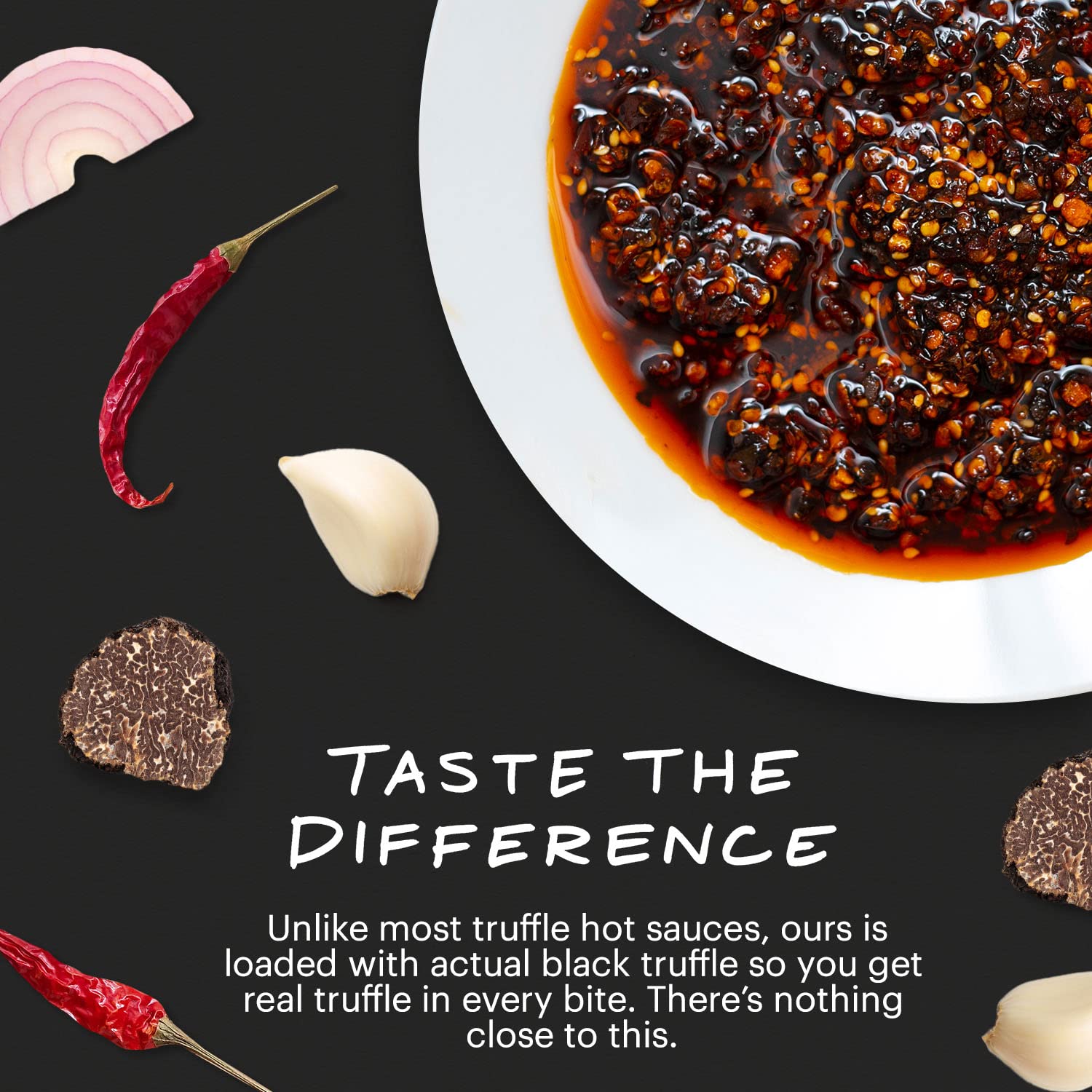 Momofuku Black Truffle Chili Crunch. Distributed by Alpha Omega Imports