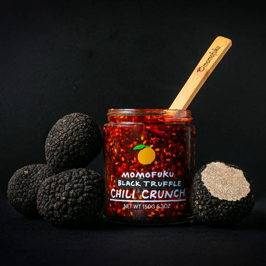 Momofucu Black Truffle Chili Crunch. Distributed by Alpha Omega Imports