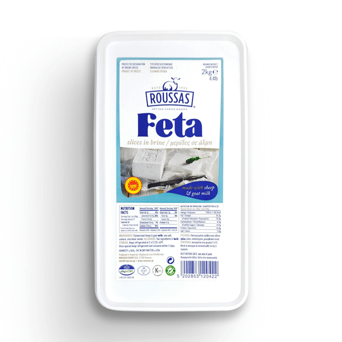Roussas Feta cheese. Distributed by Alpha Omega Imports